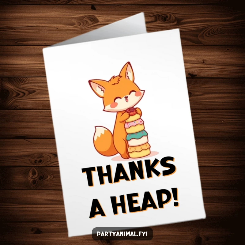 Funny free printable thank you card depicting an orange fox character carefully balancing a stack of small cakes with a cheeky grin.