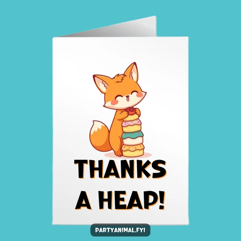 Free Printable Thank You Card: Humorous Fox Cake Balancing Act, Digital