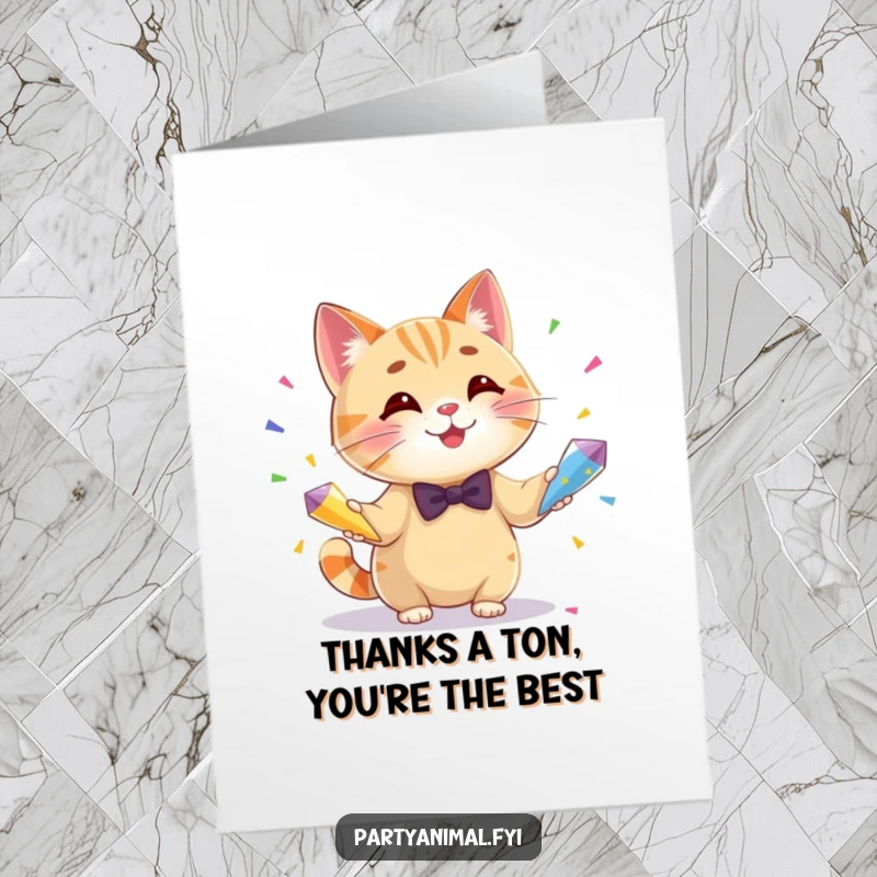 Funny free printable thank you card depicting a charming cat in a bow tie, skillfully juggling confetti to express heartfelt gratitude with humor.