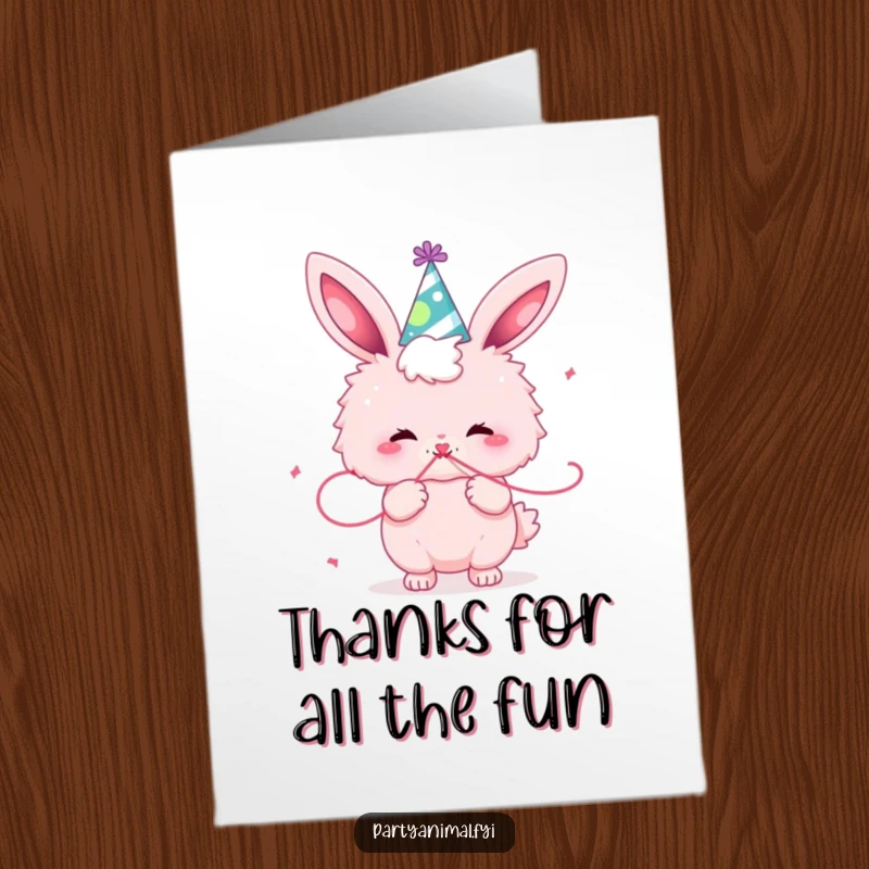 Funny Free Printable Thank You Card: Pink bunny in a party hat blowing a streamer, saying thanks.