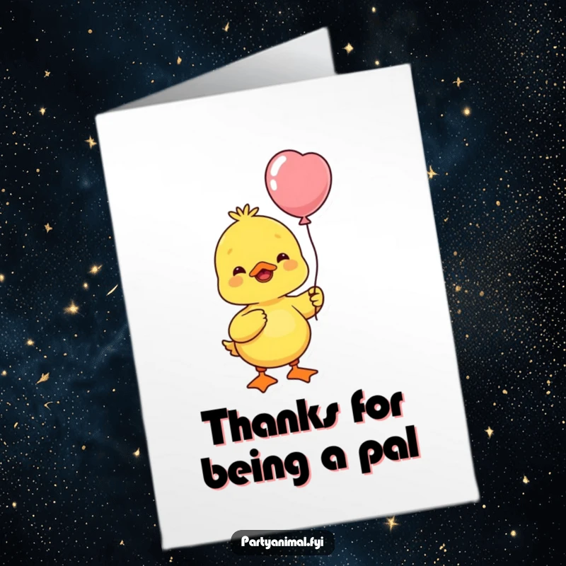 Funny Free Printable Thank You Card: Cheerful yellow duck holding a balloon, bobbing its head thankfully.