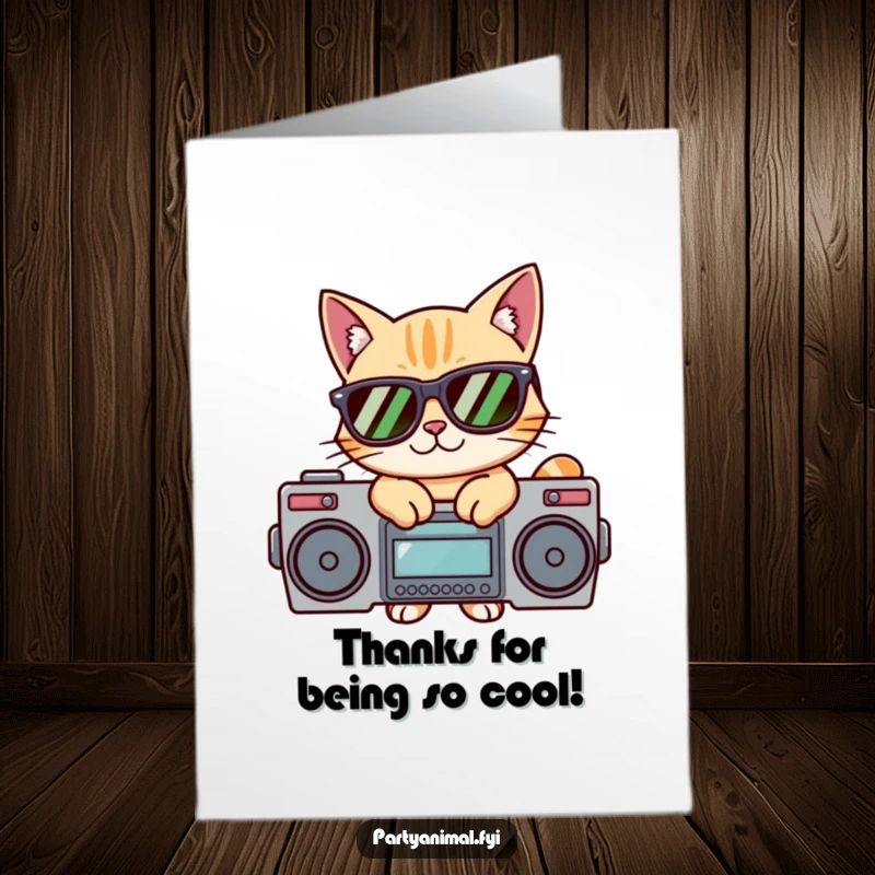 Funny Free Printable Thank You Card: A hip cat in sunglasses strikes a cool pose on a boombox, saying thanks.