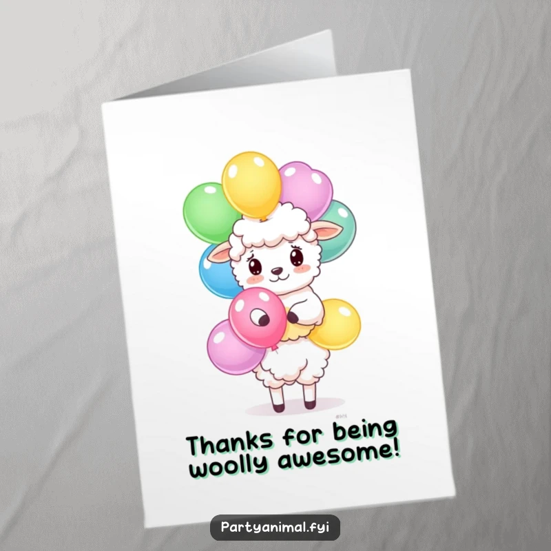 Funny Free Printable Thank You Card: Cute sheep balancing colorful balloons, conveying thanks with downloadable art.