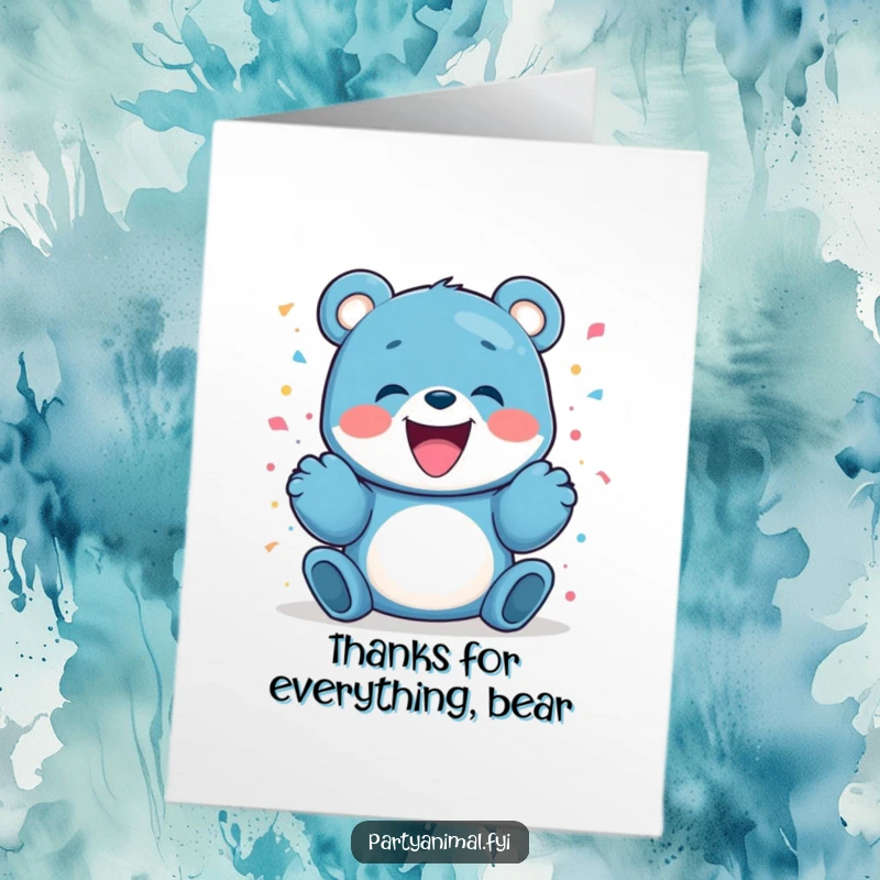 Funny Free Printable Thank You Card: Blue bear launching confetti from its paws, expressing thanks.