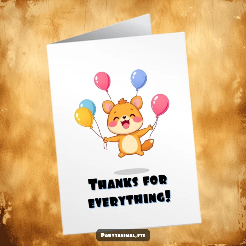 Funny Free Printable Thank You Card: Cute animal character juggling colorful balloons, expressing thanks with a happy smile. Downloadable greeting.