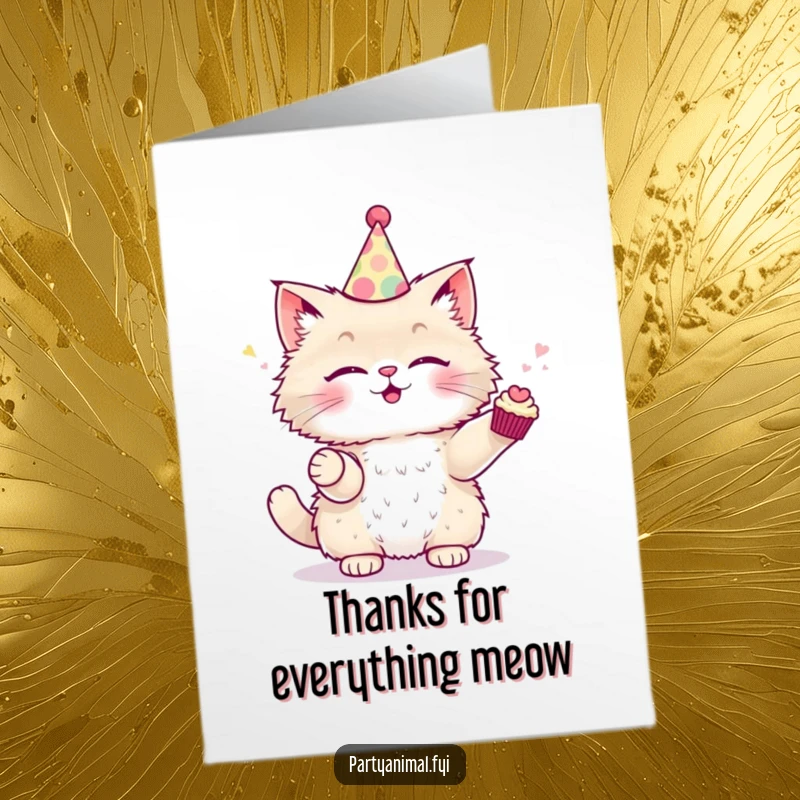 Funny Free Printable Thank You Card: A cute fluffy cat wearing a party hat, artfully juggling small cupcakes, expressing thanks.