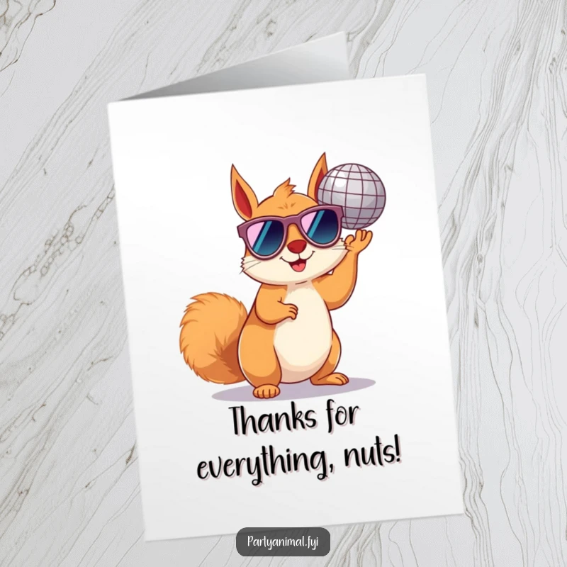 Funny Free Printable Thank You Card: Squirrel in sunglasses holding a disco ball, conveying thanks with downloadable art.
