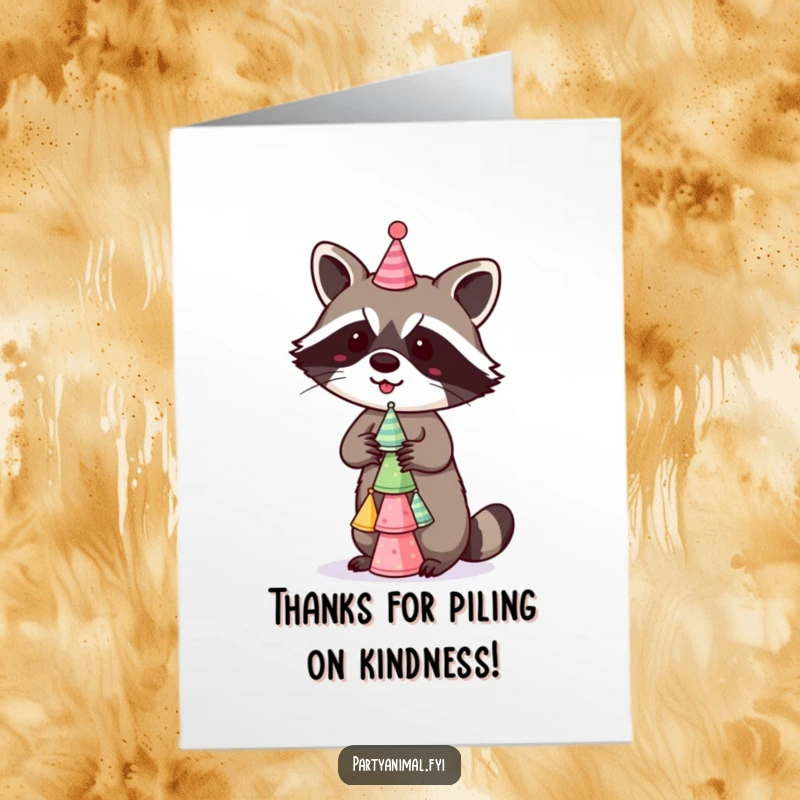 Funny Free Printable Raccoon Thank You Card: A mischievous raccoon balancing a stack of tiny party hats, looking thankful.