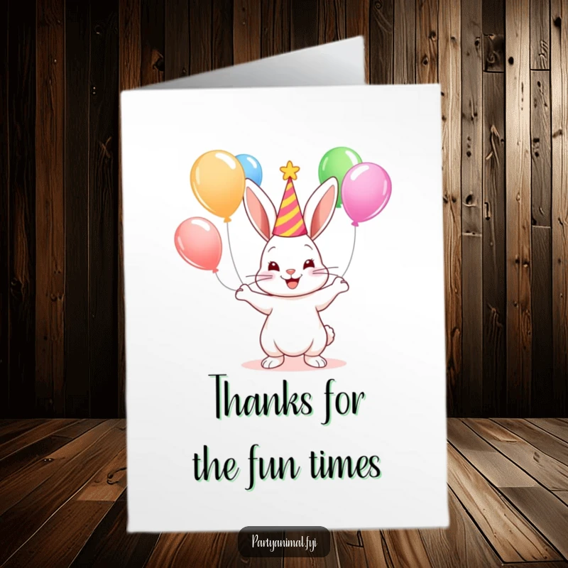 Funny Free Printable Thank You Card: A cute bunny wearing a party hat juggles colorful balloons, sending thanks.