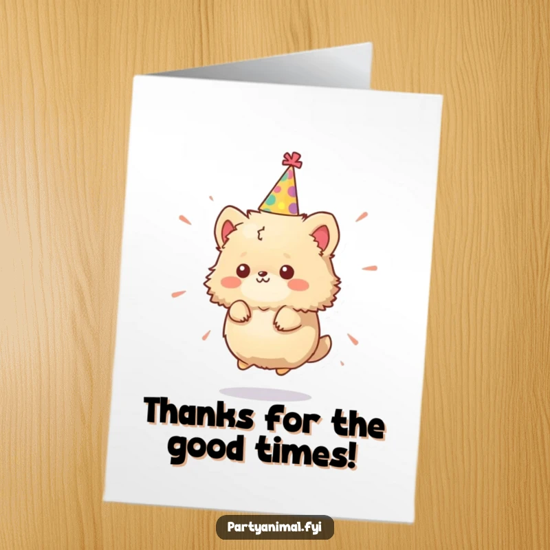Funny Free Printable Thank You Card: Tiny fluffy animal in party hat spinning wildly, expressing thanks. Hilarious downloadable greeting.