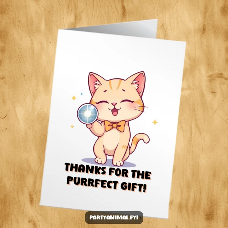 Funny Free Printable Thank You Card: A cat in a bow tie batting playfully at a disco ball, sending stylish thanks.