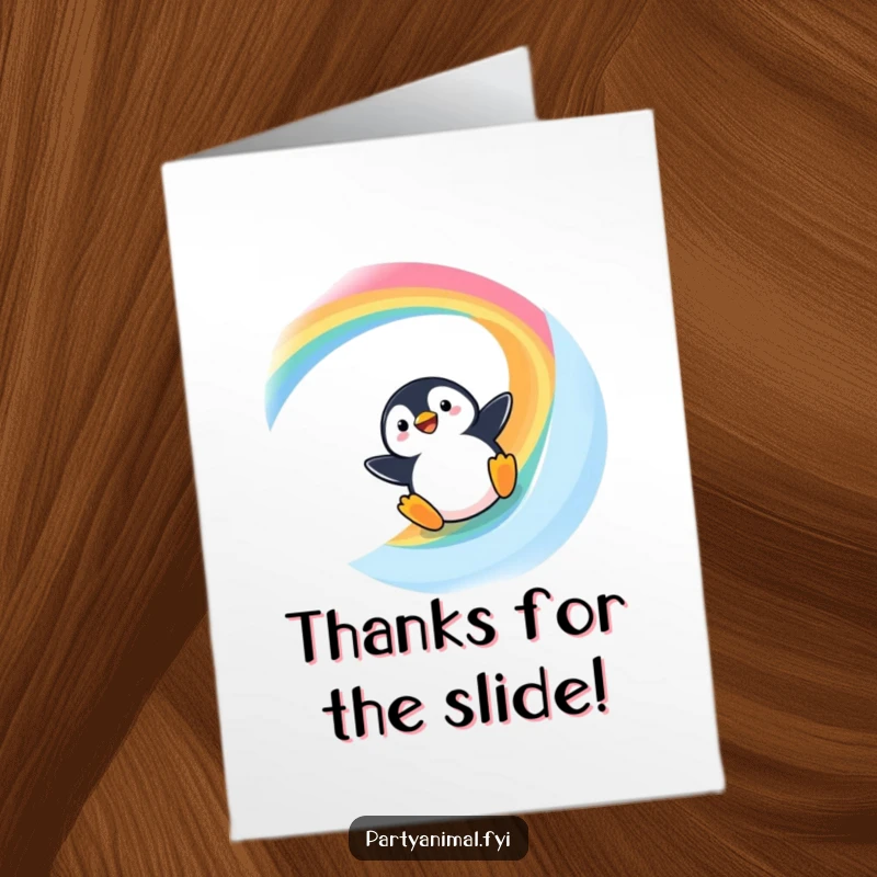 Funny Free Printable thank you card with a Kawaii penguin sliding down a rainbow, expressing gratitude with style.