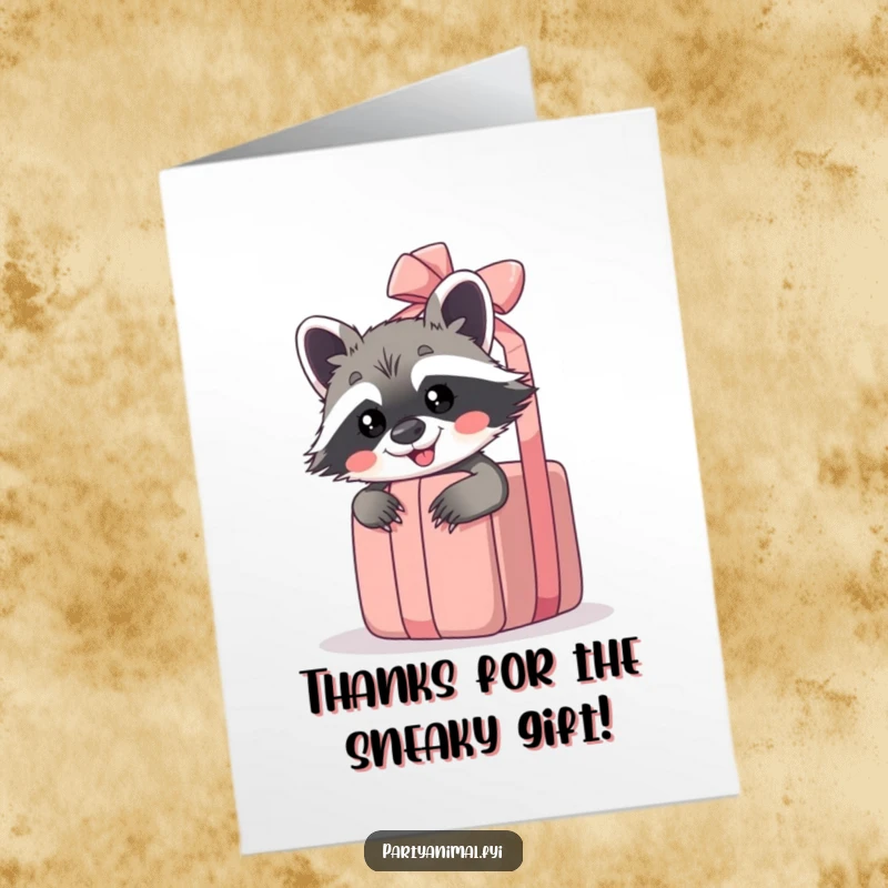 Funny Free Printable Thank You Card: Raccoon peeking from behind a large gift, expressing thanks with downloadable art.