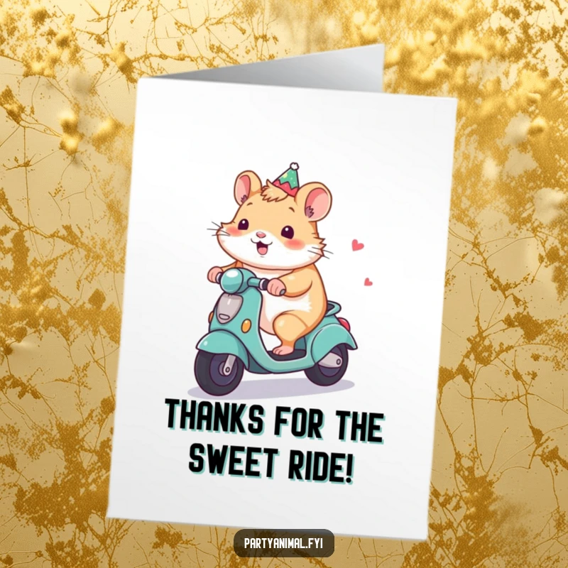 Funny Free Printable Thank You Card with a smiling hamster character cruising on a decorated party scooter.