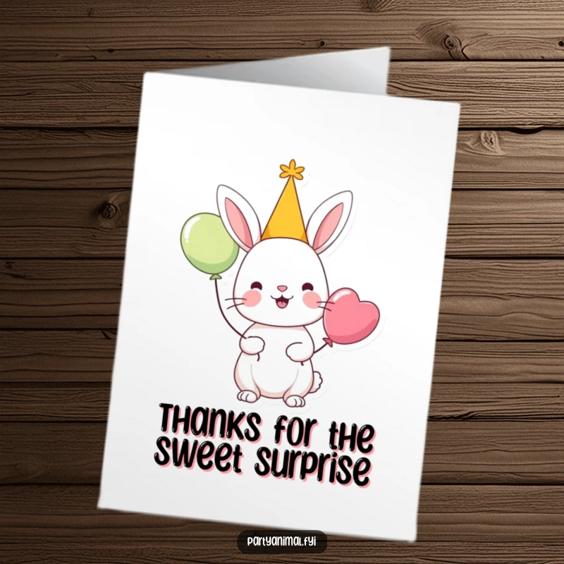 Funny Free Printable Thank You Card: Cheerful rabbit wearing a party hat, holding a balloon to say thanks.