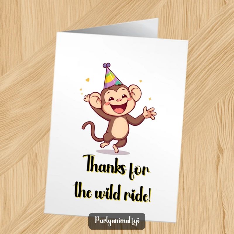 Funny Free Printable Thank You Card: A jubilant monkey wearing a silly hat, dancing wildly to express heartfelt thanks.