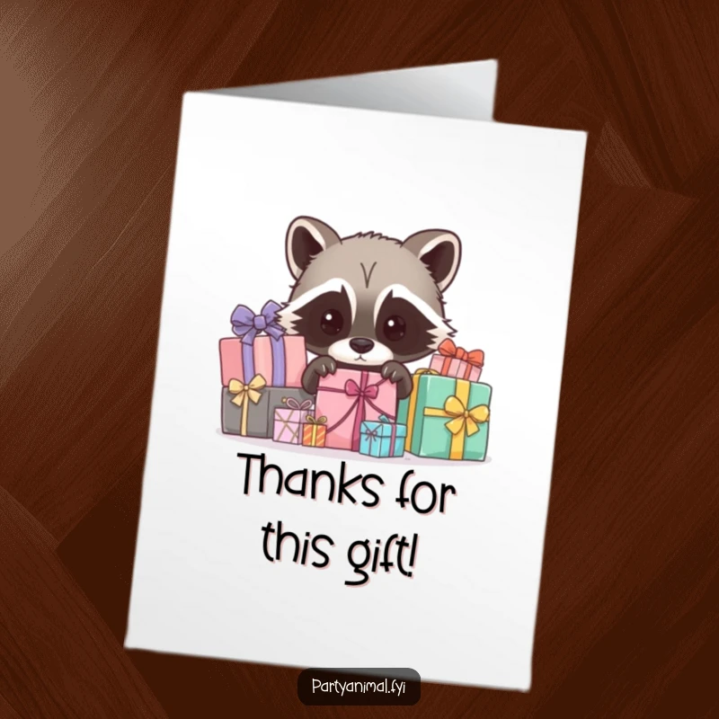 Funny Free Printable Thank You Card: A curious raccoon peeks from behind a stack of wrapped presents.