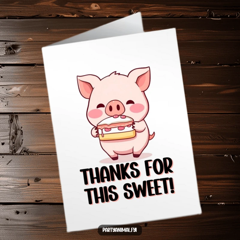 Funny Free Printable Thank You Card: A blushing pig character balances a tempting slice of cake on its snout.