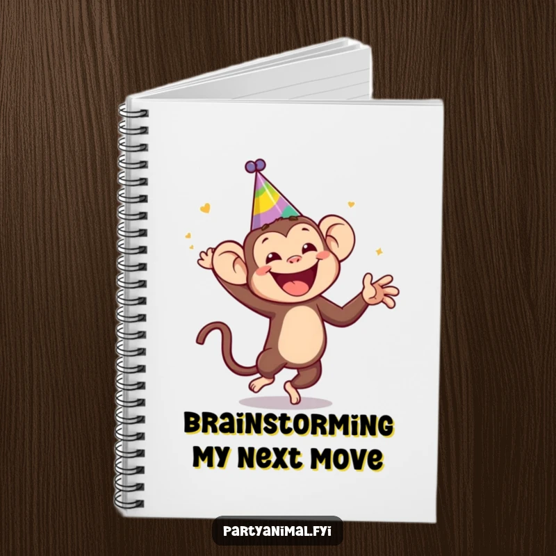 Funny monkey wearing a silly party hat, dancing wildly on a notebook, perfect for jotting down notes or creative ideas with humor, a funny gift.