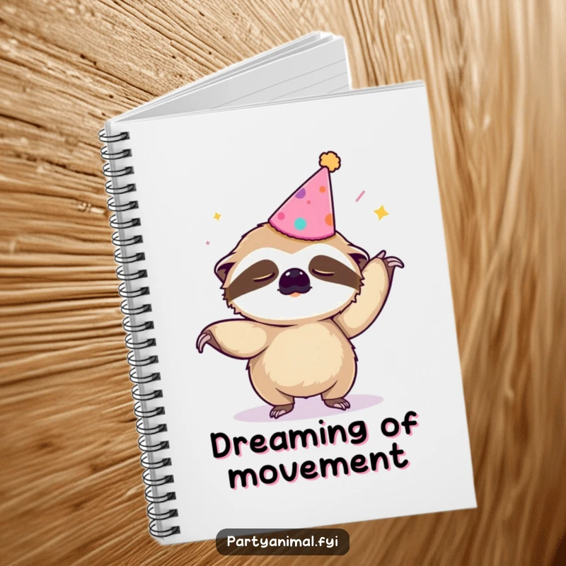 Funny notebook featuring a sleepy sloth in a party hat doing the Macarena, for jotting down slow and steady ideas.