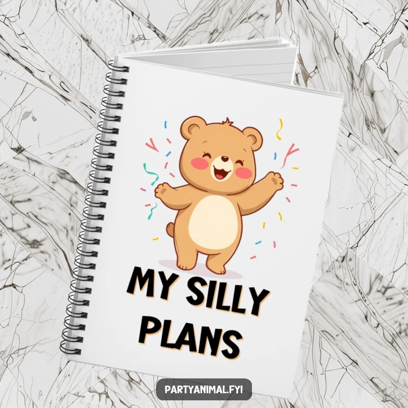 Funny Notebook featuring a cheerful bear dancing with streamers, ideal for jotting down fun ideas.