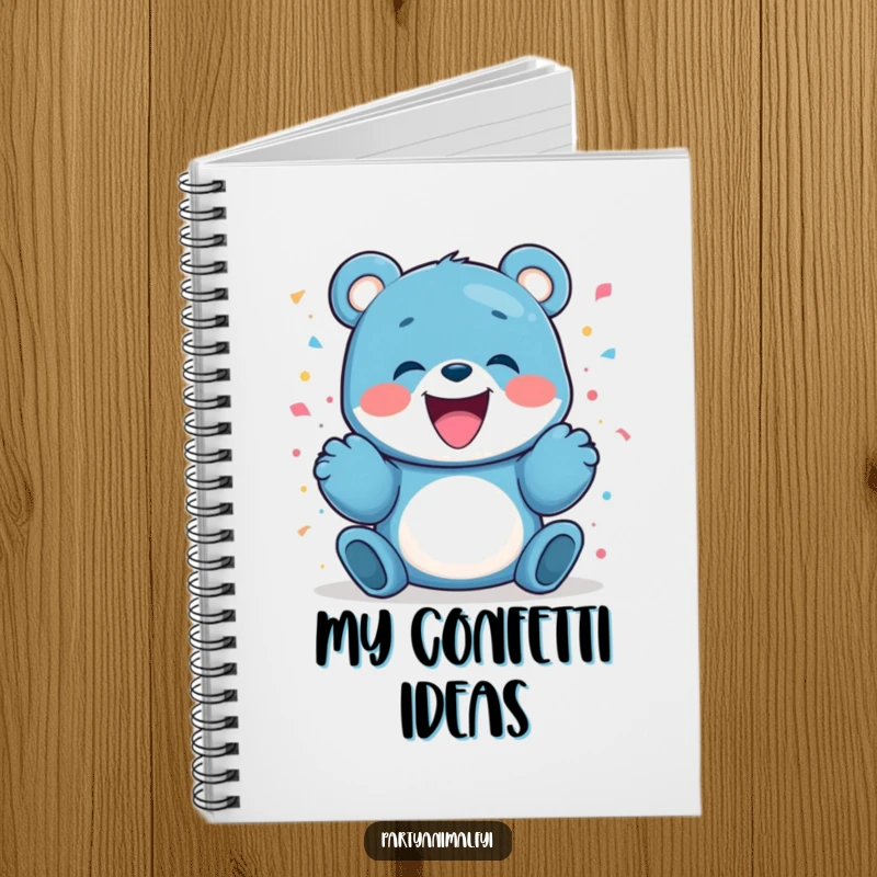 Funny blue bear character gleefully launching confetti, ideal for jotting down party plans and celebratory notes.