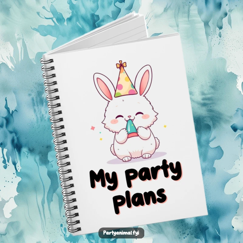 Funny notebook featuring a fluffy bunny wearing a party hat and blowing a noisemaker with glee, perfect for party planning.