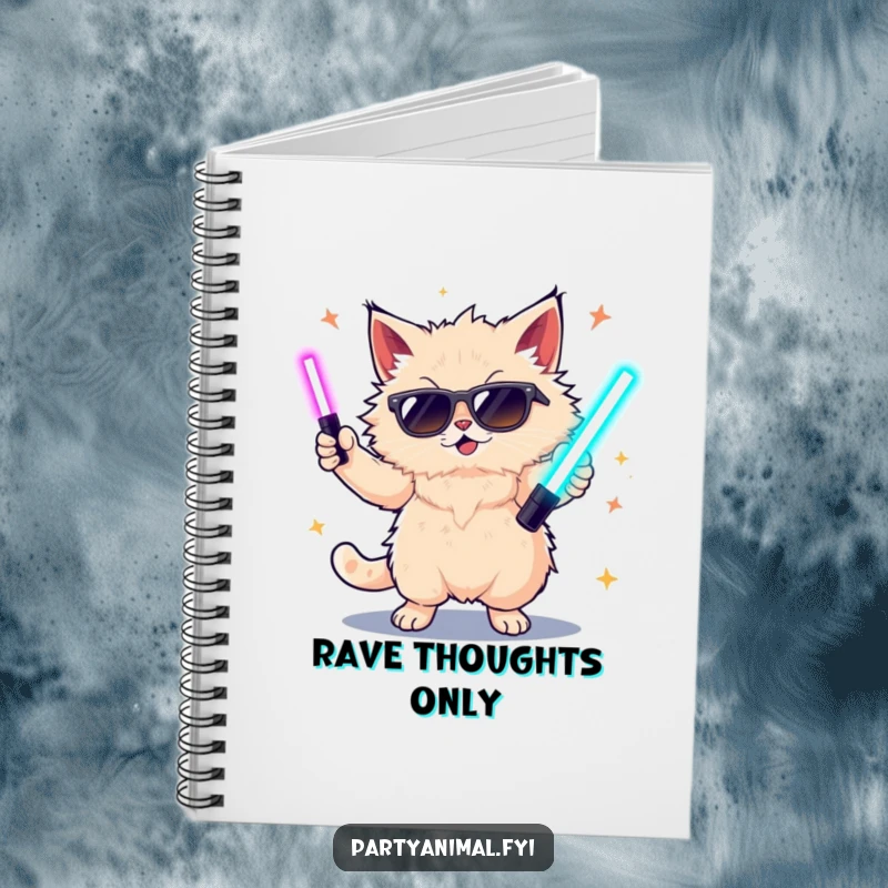 Funny notebook with a cat wearing sunglasses and glow sticks dancing, perfect for capturing wild ideas.