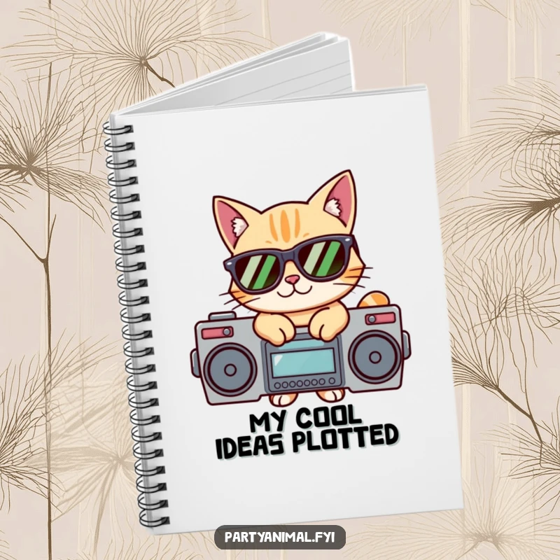 Funny notebook featuring a cat in sunglasses posing on a boombox, inspiring cool ideas and hip-hop inspired note-taking.