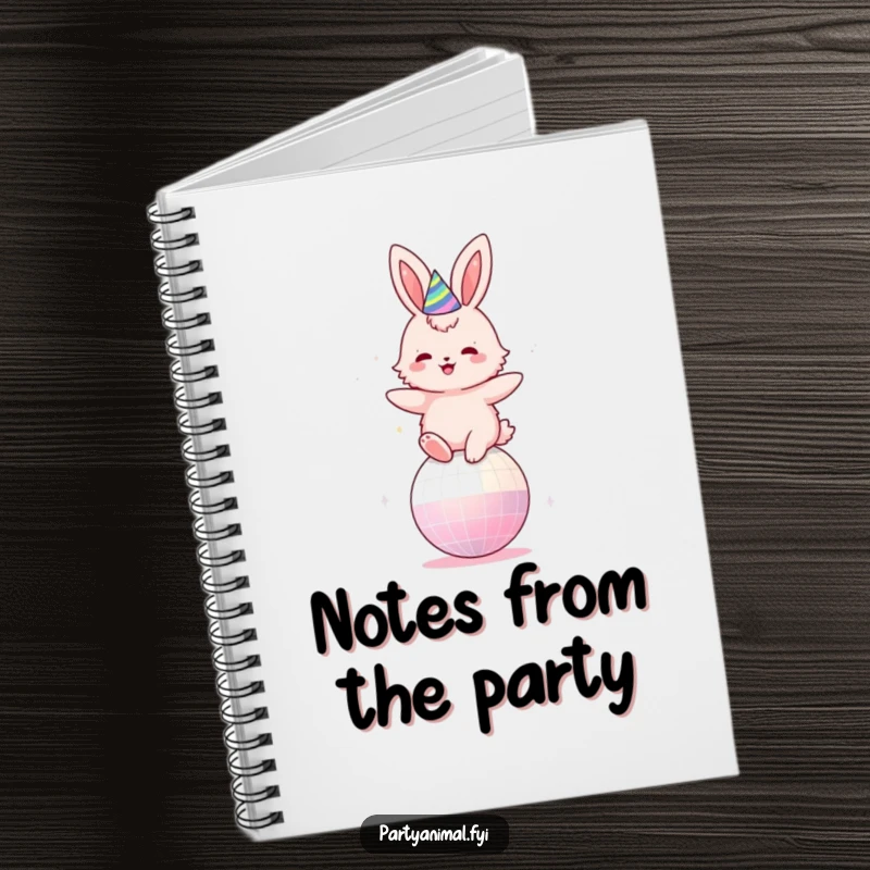 Funny notebook cover showing a fluffy pink bunny in a party hat, joyfully bouncing on a disco ball, symbolizing celebration planning.