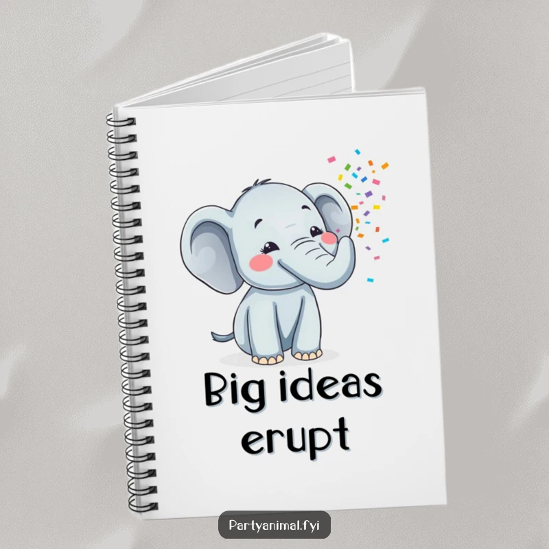 Funny notebook cover featuring a cheerful elephant character blowing a vibrant stream of confetti from its trunk, ready for notes.