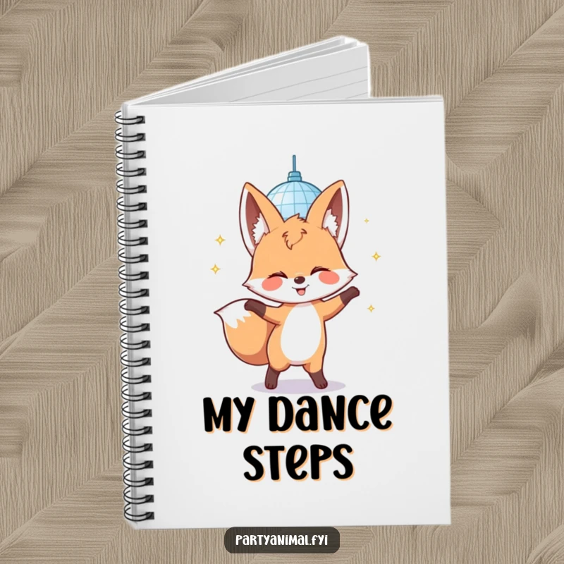 Funny notebook featuring a giggling fox character dancing under a disco mirror ball, perfect for capturing dance ideas.