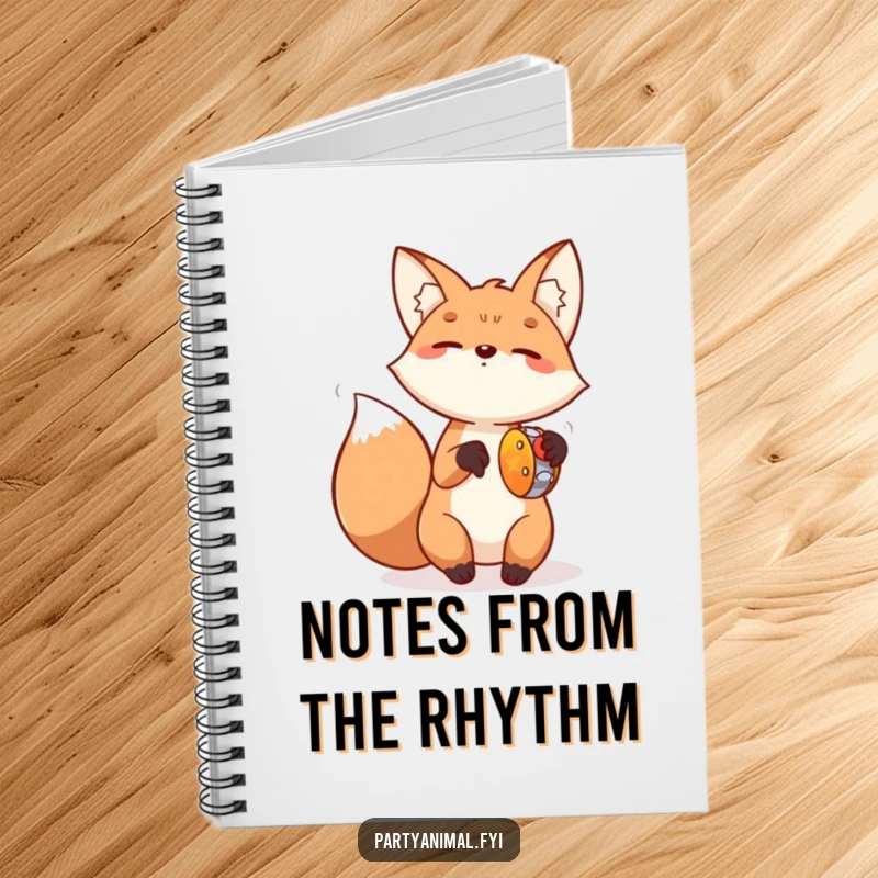 Funny Fox Tambourine Notebook: A joyful fox is pictured playing a small tambourine with energetic paw strokes, ideal for note-taking and doodling.