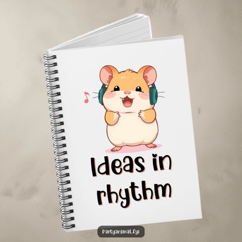Funny Notebook with a happy hamster wearing headphones, ready to bounce to music, perfect for writing down notes, lyrics, or creative ideas.