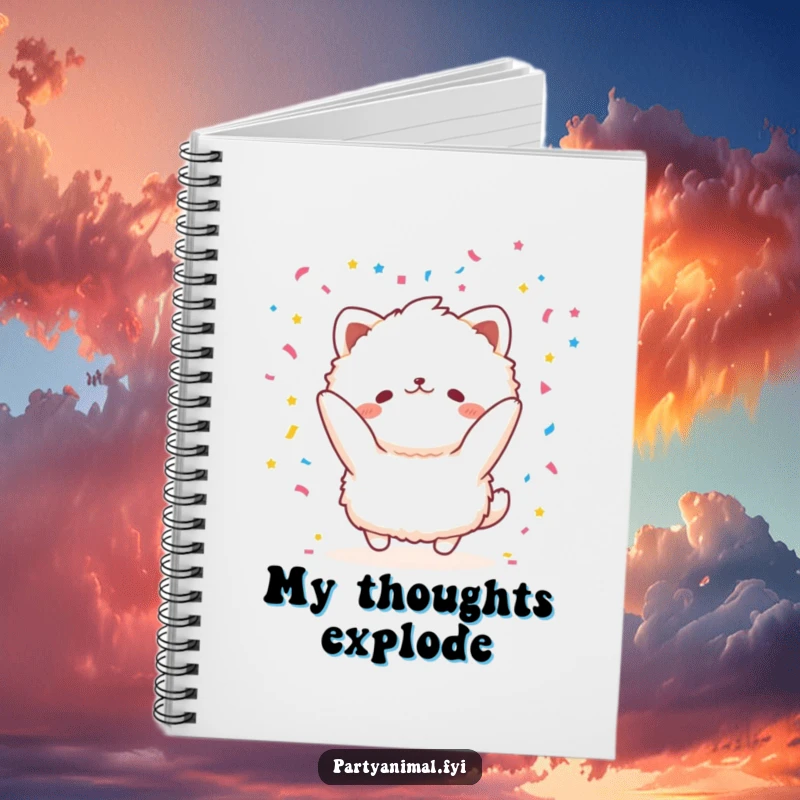 Funny fluffy animal character joyfully throwing confetti on a notebook cover, inspiring happy thoughts and creative writing.