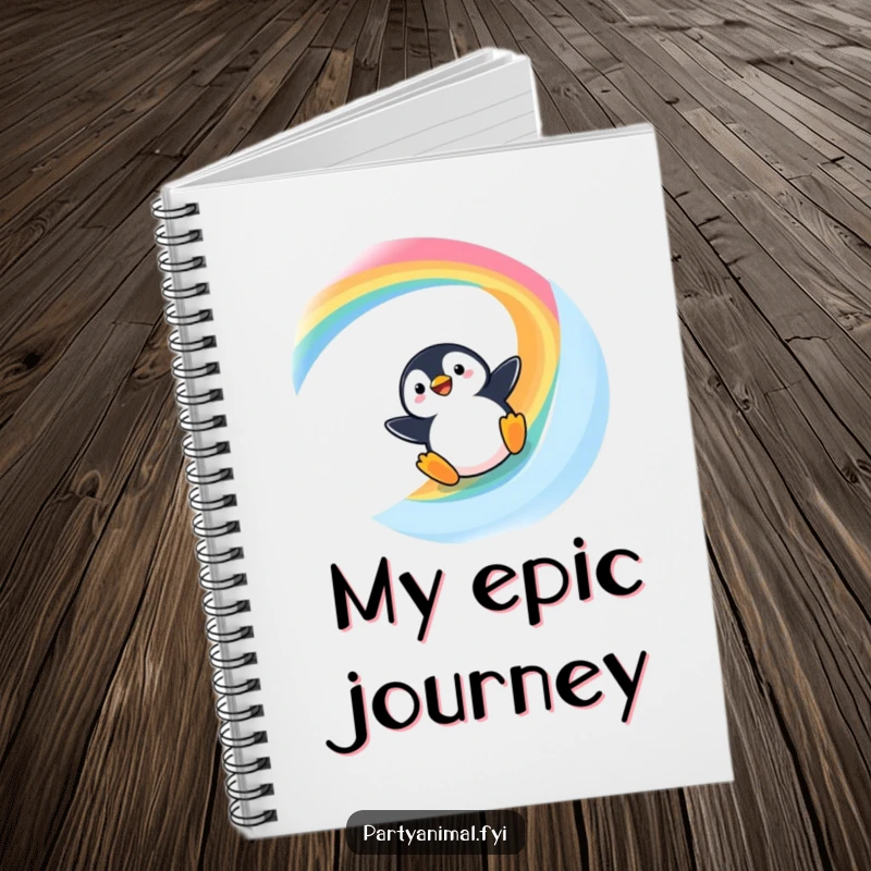 Funny Kawaii Penguin Notebook: Cute penguin sliding down a rainbow, perfect for jotting down funny thoughts.