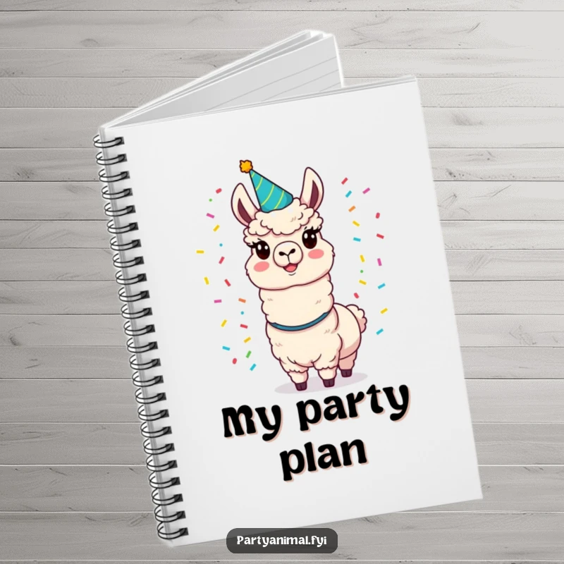 Funny llama notebook with a cheerful llama in a party hat juggling colorful confetti, ready for your notes.