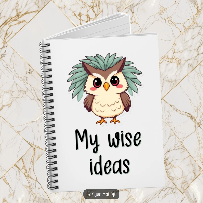 Funny notebook featuring a silly owl character in a feathered boa, striking a pose, ideal for jotting down brilliant and dramatic ideas.