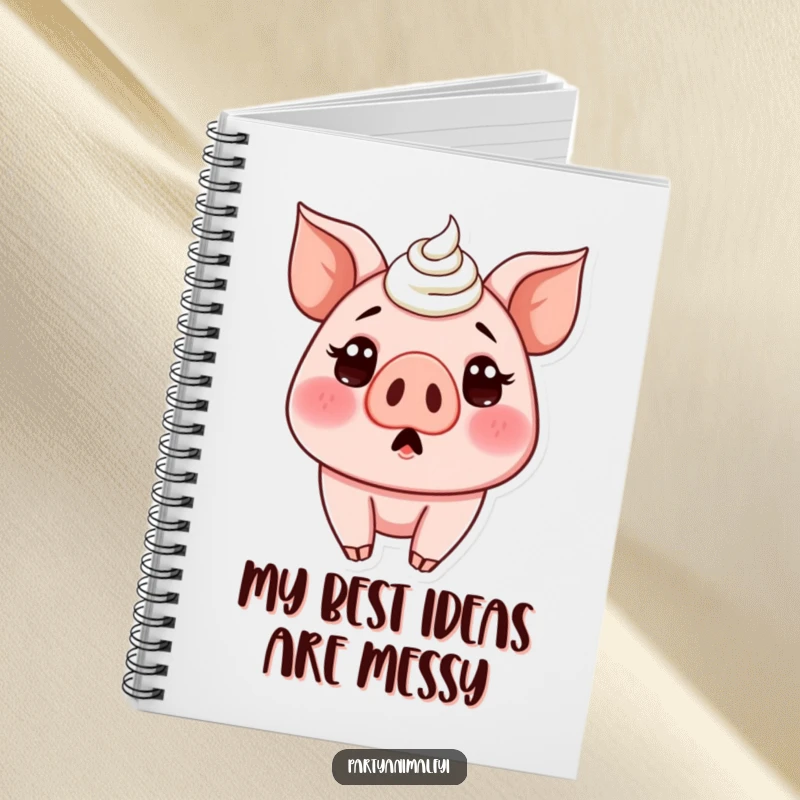 Funny notebook cover with a surprised pig character whose nose is entirely coated in white cake frosting, looking slightly dazed.
