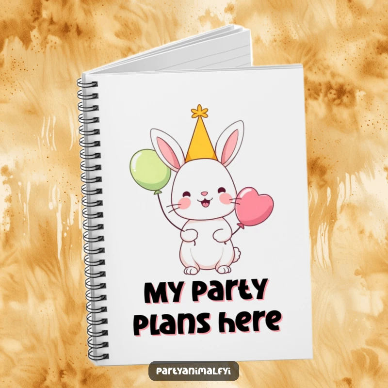 Funny notebook with a cheerful rabbit character in a party hat holding a balloon, perfect for party planning and journaling.