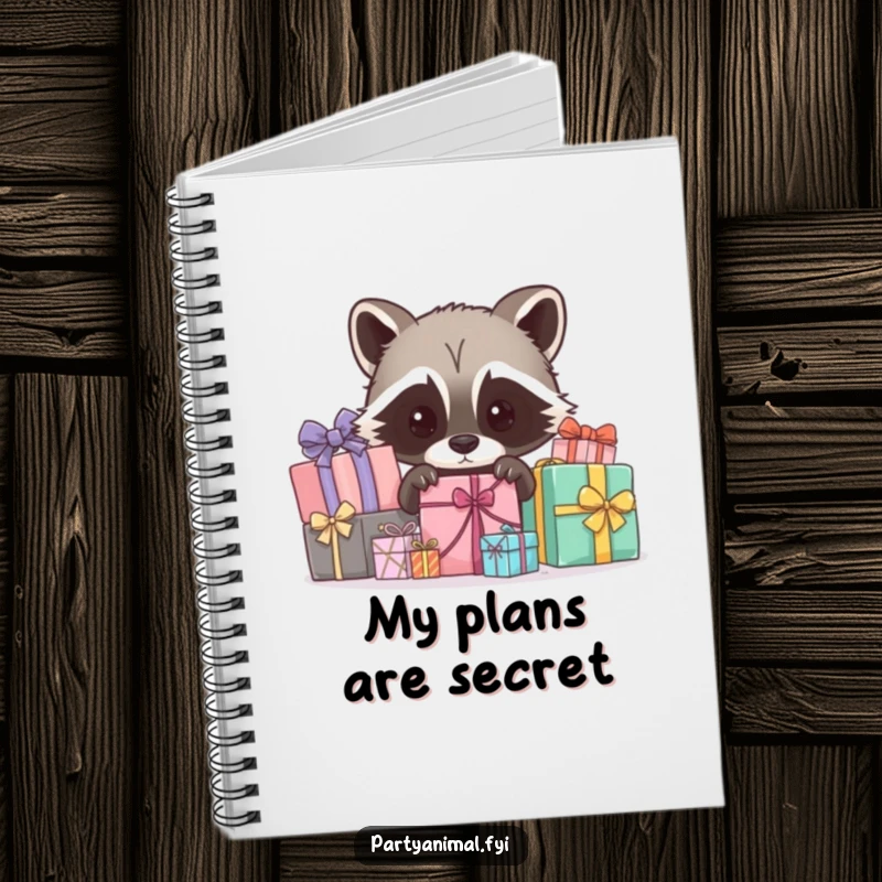 Funny raccoon notebook, a curious character peeking out from behind wrapped gifts, perfect for jotting down secret plans or ideas.