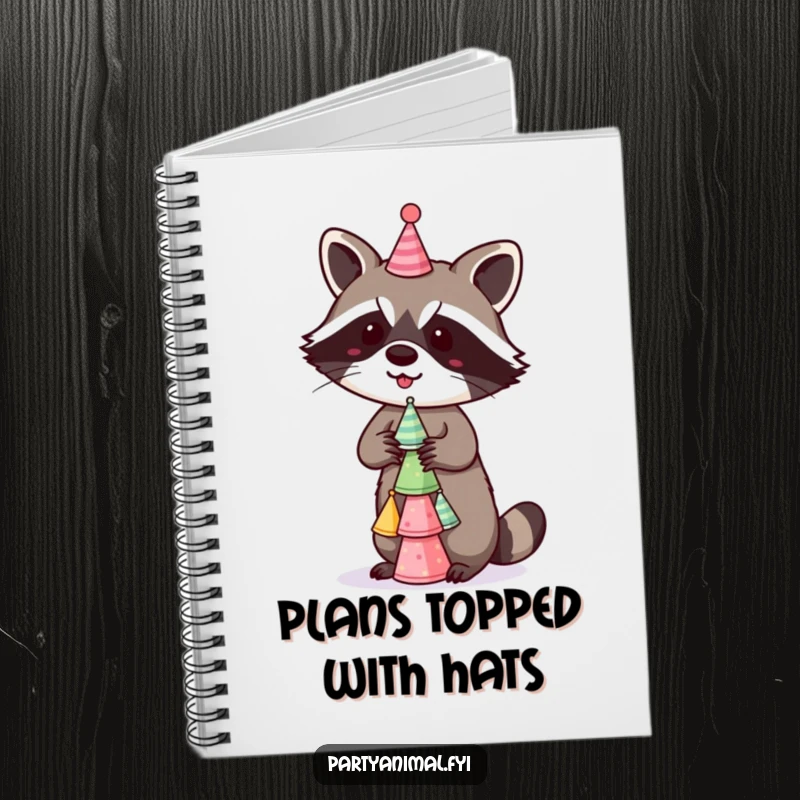 Funny Notebook with a mischievous raccoon balancing a stack of tiny party hats, perfect for jotting down notes, ideas, or mischievous plans.