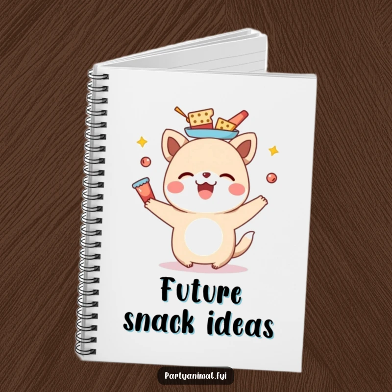 Funny animal character balancing snacks on its head, featured on a notebook for jotting down ideas with a side of humor.