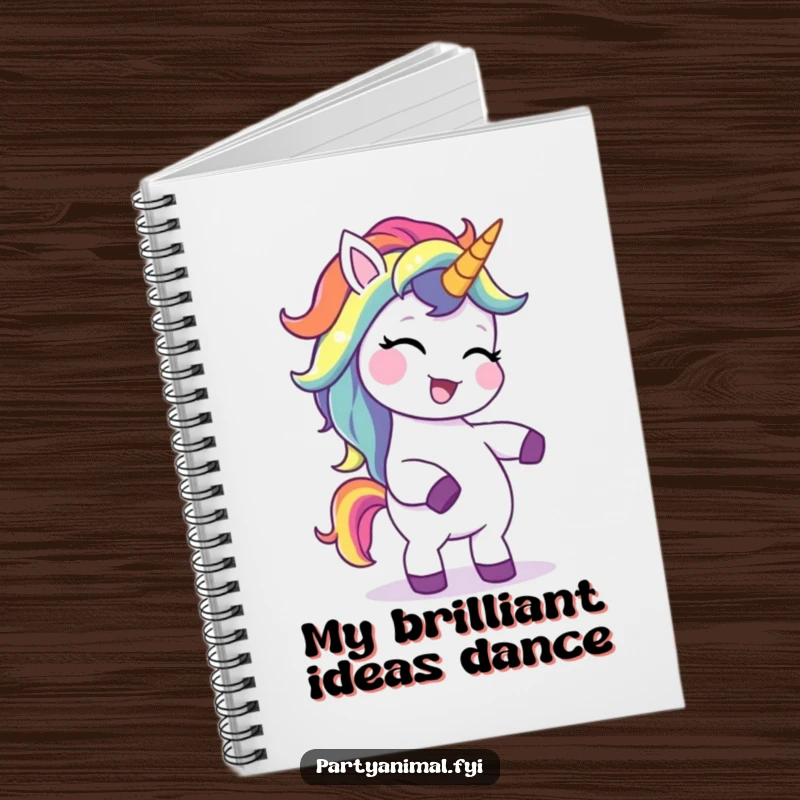 Funny unicorn notebook, a giggling character with a rainbow mane, performing a silly dance, ideal for jotting down funny ideas and plans.