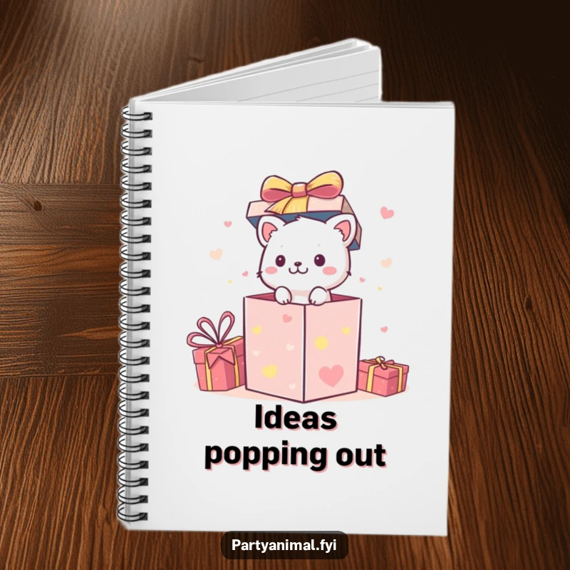 Funny Notebook: A small animal character bursts out of a festive gift box, symbolizing creative reveals.