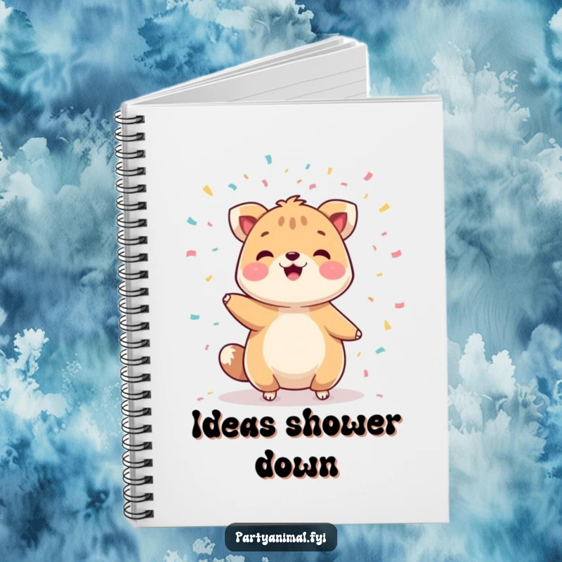 Funny notebook cover showing a cheerful animal character juggling a vibrant mix of confetti, sparking creativity and smiles.