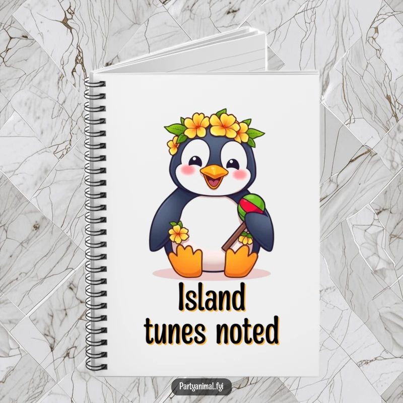 Funny notebook featuring a penguin with a lei and maracas, perfect for jotting down tropical plans.