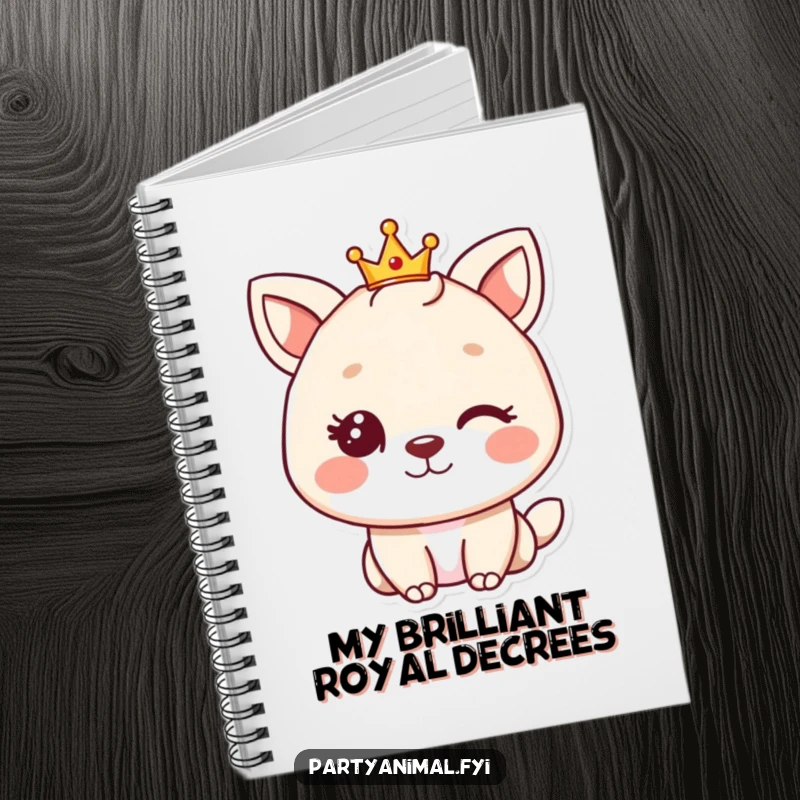 Funny animal character winking and wearing a small crown, featured on a notebook for jotting down plans with regal humor.
