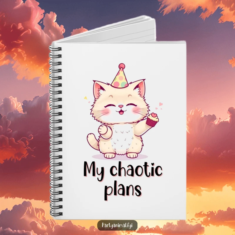 Funny Notebook featuring a fluffy cat in a party hat, juggling cupcakes, for jotting down fun ideas.