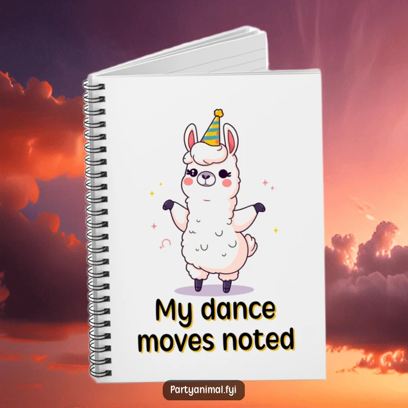 Funny notebook cover featuring a winking llama character dancing with a large, sparkling party horn, ready for notes.